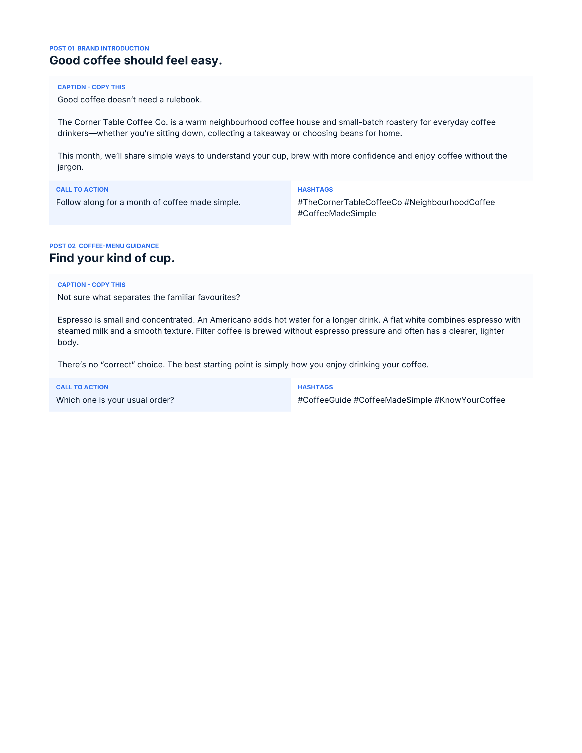 The Corner Table fictional sample editable Captions document preview
