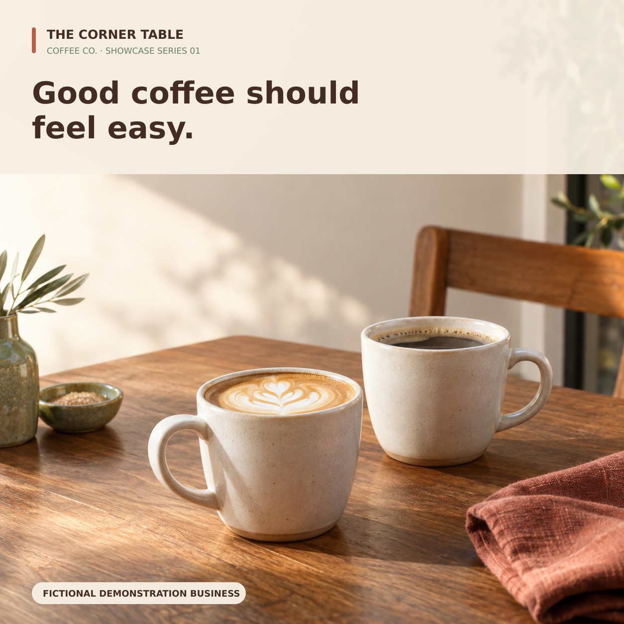 Demonstration graphic for Corner Table Post 1: Good coffee should feel easy.