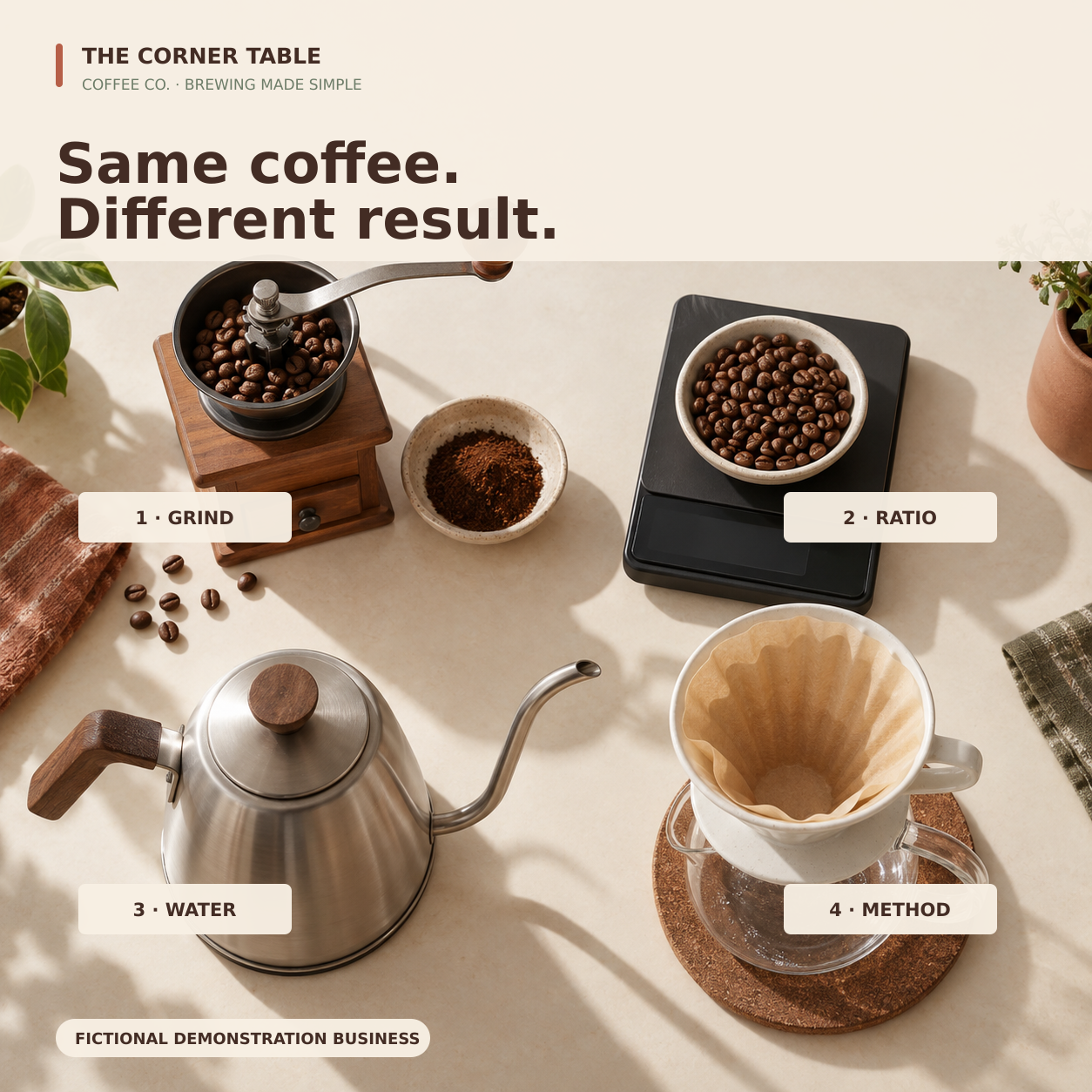 Demonstration graphic for Corner Table Post 3: Same coffee. Different result.